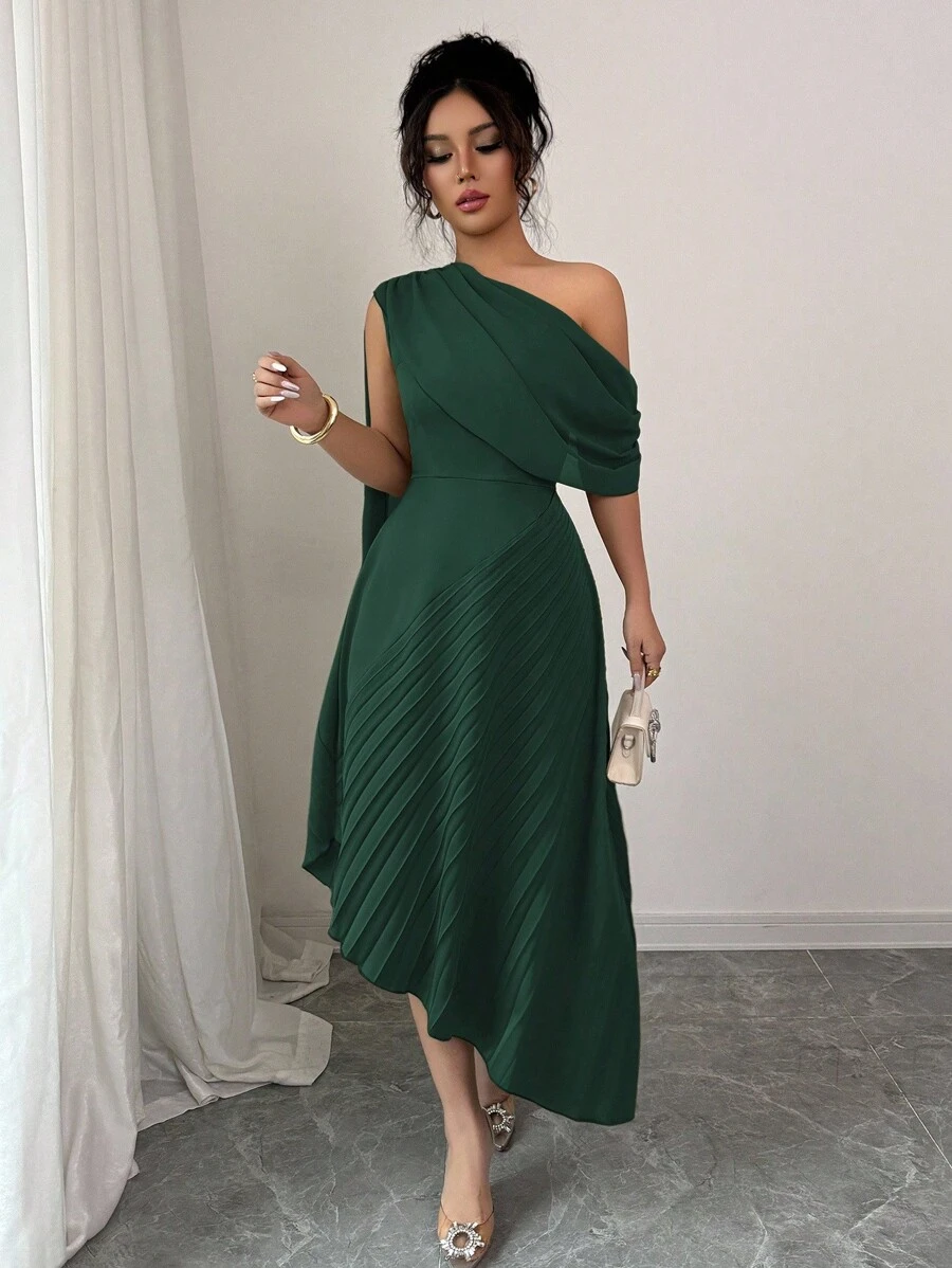 Rafferiza 女士优雅雪纺垂褶单肩连衣裙，春夏大学校园连衣裙 - 墨綠色 - 查看 1