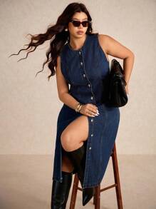 Elaquor 加大码深蓝色牛仔连衣裙无袖背心长裙金属纽扣装饰复古风格商务休闲装女装 - 深色水洗藍 - 查看 2