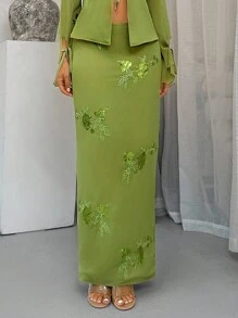 SHEIN SXY 女士绿色亮片刺绣开衩下摆时尚半身裙，适合婚礼宾客、秋季外出度假、波西米亚风性感狂欢音乐会半身裙、约会之夜、俱乐部、伊比沙岛、度假 - 綠色 - 查看 3