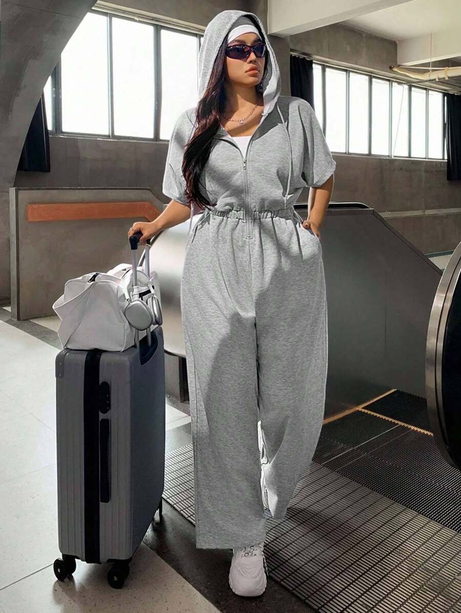 SHEIN EZwear 大码女式纯色短袖前拉链宽松休闲连帽衫连体裤 - 灰色 - 查看 1