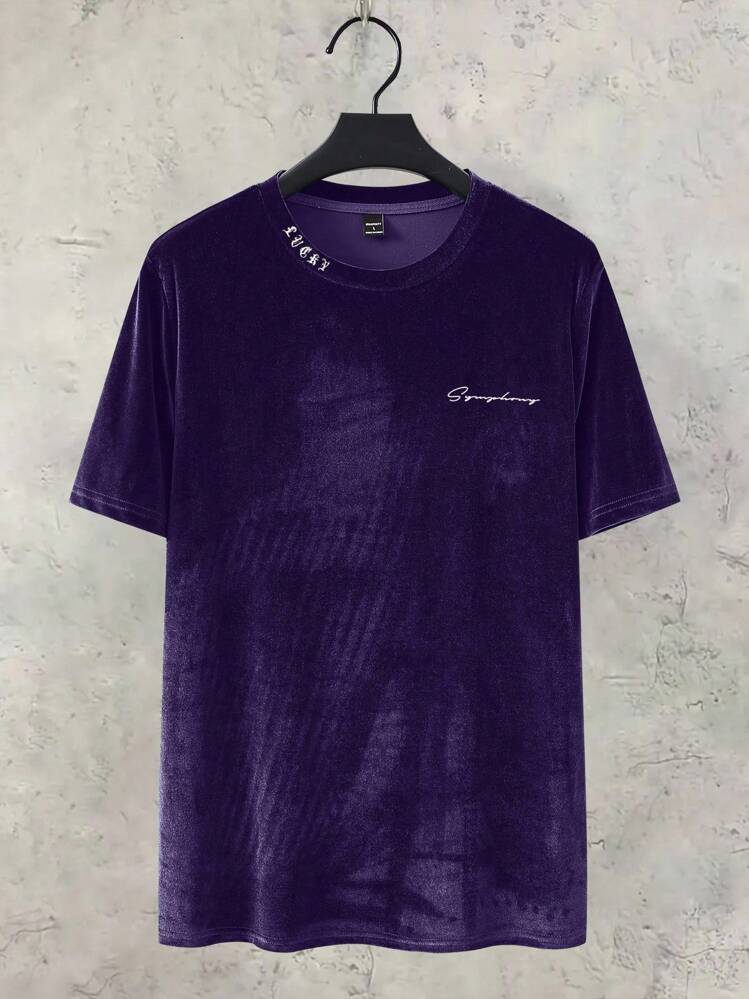 Manfinity Hypemode Camiseta De Fleece Com Letras Impressas Para Homens - Roxo - Visão 2