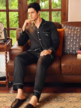 SHEIN EverLounge Ensemble pyjama à motif cœur pour hommes, avec col châle et manches longues, veste boutonnée et pantalon pour la Saint-Valentin