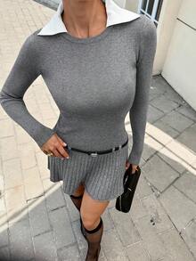 Siren Gaze Autumn Grey Elegant And Classy 2 In 1 Woolen Dress For Women With Belt,Kochi Style A-Line Sweater Dress,Back-To-School Fashionable School Office Wear - Grey - View 3