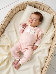 SHEIN Bộ đồ liền thân dệt kim nơ hồng dễ thương cho bé gái, mềm mại và thoải mái, thích hợp mặc hàng ngày, ngoài trời, du lịch, nghỉ mát, ở nhà, nhà trẻ và chơi đùa với bé gái - Màu Hồng baby - Xem 5