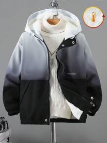 1 Stück Jungen Herbst/Winter Kapuzen-Fleecejacke in Farbverlauf Schwarz & Weiß, geeignet für Lässig, Sport, Outdoor-Aktivitäten für Kinder in Größeren Größen