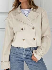 SHEIN EZwear Beige Woven Fabric Bomber Jacket With Lapel Neckline And Buttoned Front Design For Women Cropped Jacket In Fall/Winter - Beige - View 4