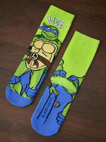 TEENAGE MUTANT NINJA TURTLES | SHEIN 4 双棉质柔软透气吸湿排汗儿童中筒袜绿色和蓝色可爱卡通图案中筒袜，加固脚趾和脚跟，经久耐用，男女通用，适合所有季节，百搭，适合学校和户外 - 彩色 - 查看 10