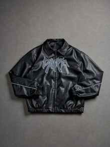 PAVTROS Men's Letter Graphic Street Casual PU Leather Jacket, Y2k, Letter Man Jacket, Personalize Ball Jacket , Fall Winter, Grunge - Black - View 7