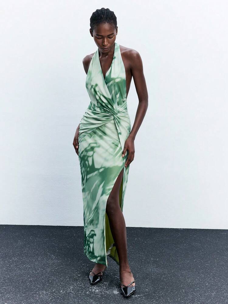 SHEIN Maija Women's Sexy Tie-Dye Twist Open Back Halter Maxi Dress, Bohemian Beach Vacation Elegant Party Dress,, Fall Clothes