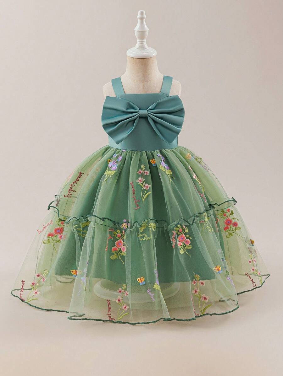 Glamorique Kids Baby Girls' Green Bow Design Mesh Embroidered Dress, Fluffy Skirt Cute & Sweet, Suitable For Birthday Party, Flower Girl, Various Occasions - Green - View 1