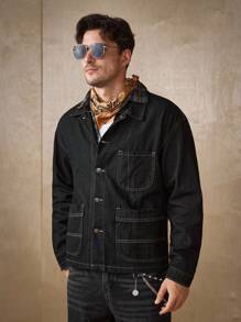 RivetRise 百搭多口袋宽松牛仔夹克 - 黑色 - 查看 4