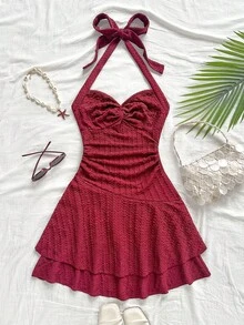Soleia Red Mini Wrap Dress With Twist Neck, Gathered Waist, Double-Layer Hem For Vacation, Dating, Afternoon Tea, Holiday, Music Festival, Bohemian Style Red Beach Dress Sexy Vacation Dress Skirt Swimsuit Set - Burgundy - View 3