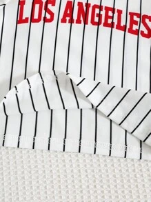 SHEIN 两件套男婴/女婴舒适透气吸汗休闲运动条纹T恤和慢跑裤套装，适合室内、室外、日常、运动、玩耍、派对、拍照、度假、春夏穿着。男婴棒球服套装，洛杉矶男婴球衣套装，男婴两件套，男婴休闲套装。 - 紅色 - 查看 5