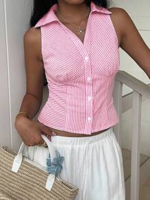 SHEIN EZwear Tailliertes ärmelloses Damen-Hemd mit rosa gestreiftem Webmuster