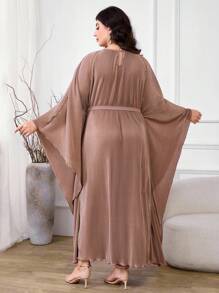 Al Najma 大码女式优雅纯色蝙蝠袖阿拉伯风格连衣裙 - 卡其色 - 查看 3