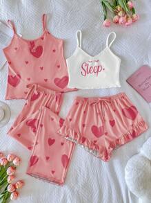SHEIN 4 件套女士可爱心形印花吊带背心上衣和短裤睡衣套装 - 粉色 - 查看 4