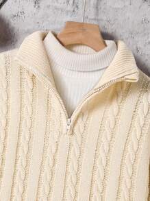 SHEIN Tween Boy 1 Piece Vintage Cable Knit Sweater , Beige Half-Zip High Neck Pullover, Adjustable Zipper Collar, Regular Fit Wool Blend Top For School Daily Wear, Father-Son Matching, Birthday & New Year Gift Idea Fall Winter - Apricot - View 6
