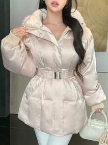 DAZY 冬季休闲毛领宽松女士夹棉大衣 - 杏色 - 查看 4