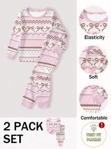 青少年女孩睡衣套装，可爱蝴蝶结印花针织贴身长袖上衣和裤子，秋冬 - 粉色 - 查看 5