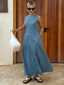 Livesso 女士休闲水洗无袖长款牛仔连衣裙