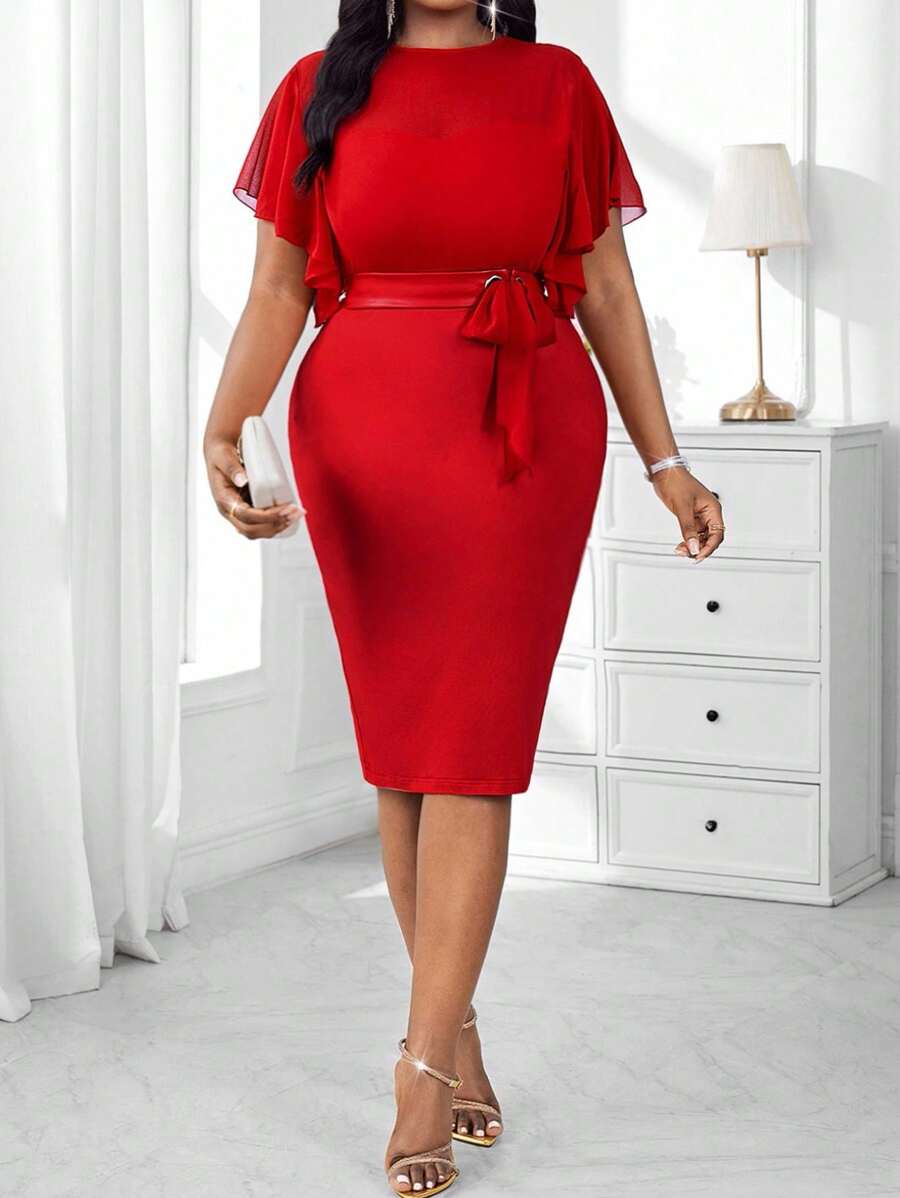 SHEIN Lady 2025 Plus Size Elegant Solid Color Fitted Dress, Summer Halloween Halloween Costumes Teacher Outfits For Women Business Casual Woman Office Outfits For Women Homecoming Dress Fall Clothes For Women Fall Clothes For Women Vacation Outfits Woman Beach Outfits For Woman Formal Dresses For Women Dresses For Women Elegant Birthday Dresses For Women Wedding Guest Dress Dresses For Women Party