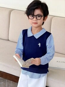 Genkimix Kids 2pcs/Set Boys' Striped Splice 2 In 1 Back To School Outfit, School Uniform, Children Back To School Clothing - Royal Blue - View 3