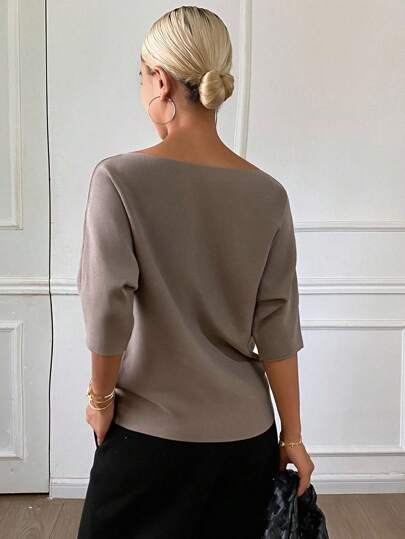 DAZY Women's Solid Color Fitted Boat Neck Half Sleeve Casual Elegant Knit Top, Autumn/Winter