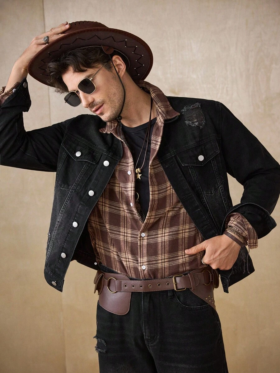 Manfinity Homme Men's Black Denim 2 Pieces Set, Fashionable Jacket Coat & Loose Wide-Leg Pants, Autumn/Winter - Black - View 1