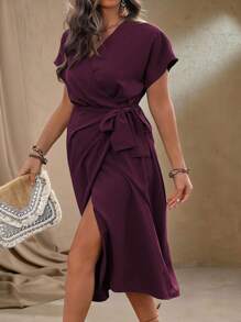 Roveilla 加大码女式纯色简约日常短袖连衣裙，适合圣诞节勃艮第酒红色长款女装 - 酒紅色 - 查看 4