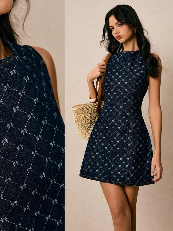 Poéselle New Women's Denim Dress Sleeveless Waist A-Line Dress Short Dress Jacquard Dress Dark Blue Autumn Clothing Going Out Clothing Casual Office Clothing Music Festival Clothing Y2K Clothing Back To School Clothing