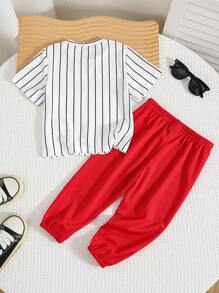 SHEIN 两件套男婴/女婴舒适透气吸汗休闲运动条纹T恤和慢跑裤套装，适合室内、室外、日常、运动、玩耍、派对、拍照、度假、春夏穿着。男婴棒球服套装，洛杉矶男婴球衣套装，男婴两件套，男婴休闲套装。 - 紅色 - 查看 2