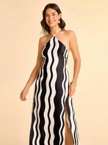 CAJUNI Women's Boho Style Vacation Casual Beach Abstract Stripe Print Halter Backless Maxi Dress - Multicolor - View 1