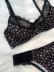 2pcs Set Romantic Floral Lace Patchwork Bra & Panty Set With Underwire, Bow Decor  Cozy And Elegant Details - Black - View 4