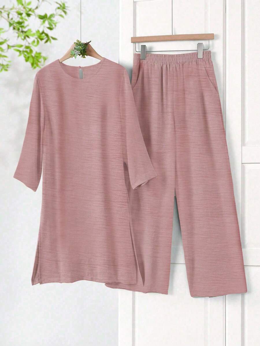 Rusticease Conjunto de dos piezas para mujer de blusa de manga corta con cuello redondo en unicolor y pantalones de pierna ancha con estampado de flores para el verano