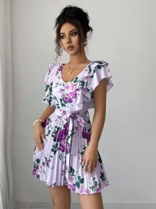 SHEIN Elenzya Ruffle Sleeve V-Neck Cinched Waist Pleated A-Line Floral Print Vacation Elegant Romantic Dress, Purple - Multicolor - View 5