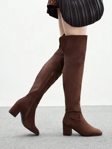 CUCCOO BIZCHIC 棕色粗跟绒面弹力过膝长靴，性感时尚欧美风，秋冬女士 - 棕色 - 查看 4
