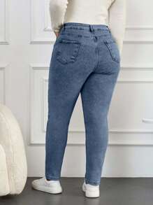 EURMUSE 97% Cotton Plus High Waist Mom Fit Jeans - Dusty Blue - View 2