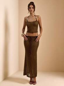 SHEIN BAE Set de 2 piezas para mujer compuesto por top de tirantes con malla de ganchillo y lentejuelas, y falda larga de talle bajo, color café/marrón, para primavera/verano - Marrón - Ver 3