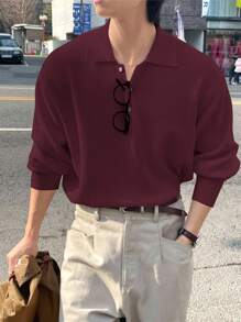 DAZY Men's Solid Color Burgundy Half-Zip Polo Collar Sweater, Autumn - Burgundy - View 3