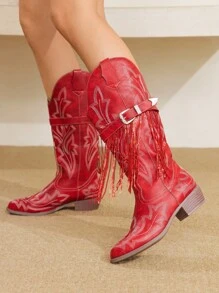 Styleloop Western Style Studded Buckle Design Women's Mid-Calf Riding Boots, Suitable For Halloween, Christmas, Party - Red - View 7