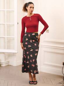 lacRébo Red Fitted Long Sleeve Top With Mini Pink Satin Bows And Open Chest Detail Fall Women Clothes Top Spring Summer  New Year Top - Red - View 1