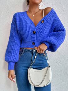 EURMUSE Women's Solid Color Drop Shoulder Long Sleeve Single-Breasted Casual Loose Cardigan - Royal Blue - View 4
