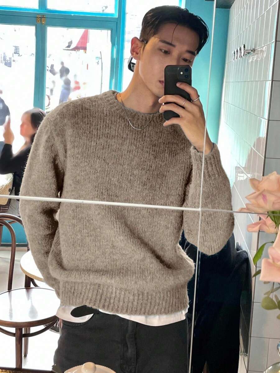 DAZY Men's Solid Color Khaki Knit Sweater, Autumn - Khaki - View 1