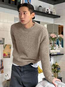 DAZY Men's Solid Color Khaki Knit Sweater, Autumn - Khaki - View 5