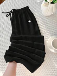 Comfortcana Quần ống rộng lưng rút thêu dệt màu đen cho nữ - màu đen - Xem 7