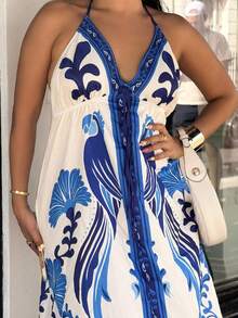 NegzBox 女士度假热带波西米亚蓝白花卉、鹦鹉印花挂脖系带休闲海滩夏季长裙 - 藍白色 - 查看 4