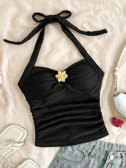 Tween Girls' Casual Daily Fashion Vacation Halter Textured Fabric Tank Top With Front Center Decor Black Halter Top Black Tube Top Strapless Tops