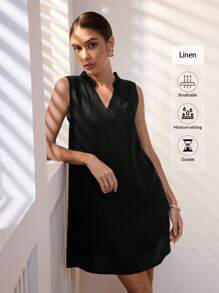 Uhlyne 休闲时尚亚麻V领女式短款无袖连衣裙