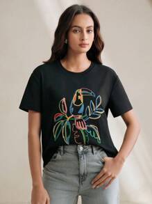 Anewsta 优雅鸟刺绣圆领 T 恤，图案 T 恤适合春夏季度假