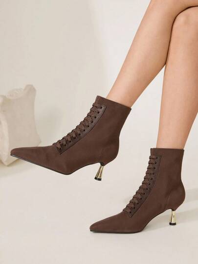 CUCCOO CHICEST Women's Fashion Brown Suede Elastic Band Slip-On Evening Party Dressy Stiletto Ankle Boots, Elastic Ankle Boots For Autumn/Winter